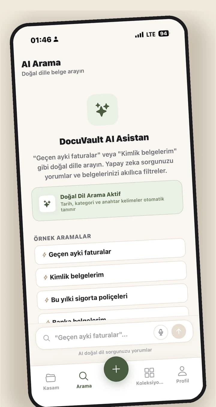 Doğal dil AI arama ekranı