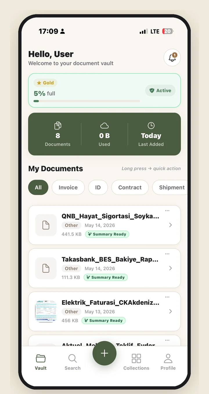 DocuVault mobile app interface