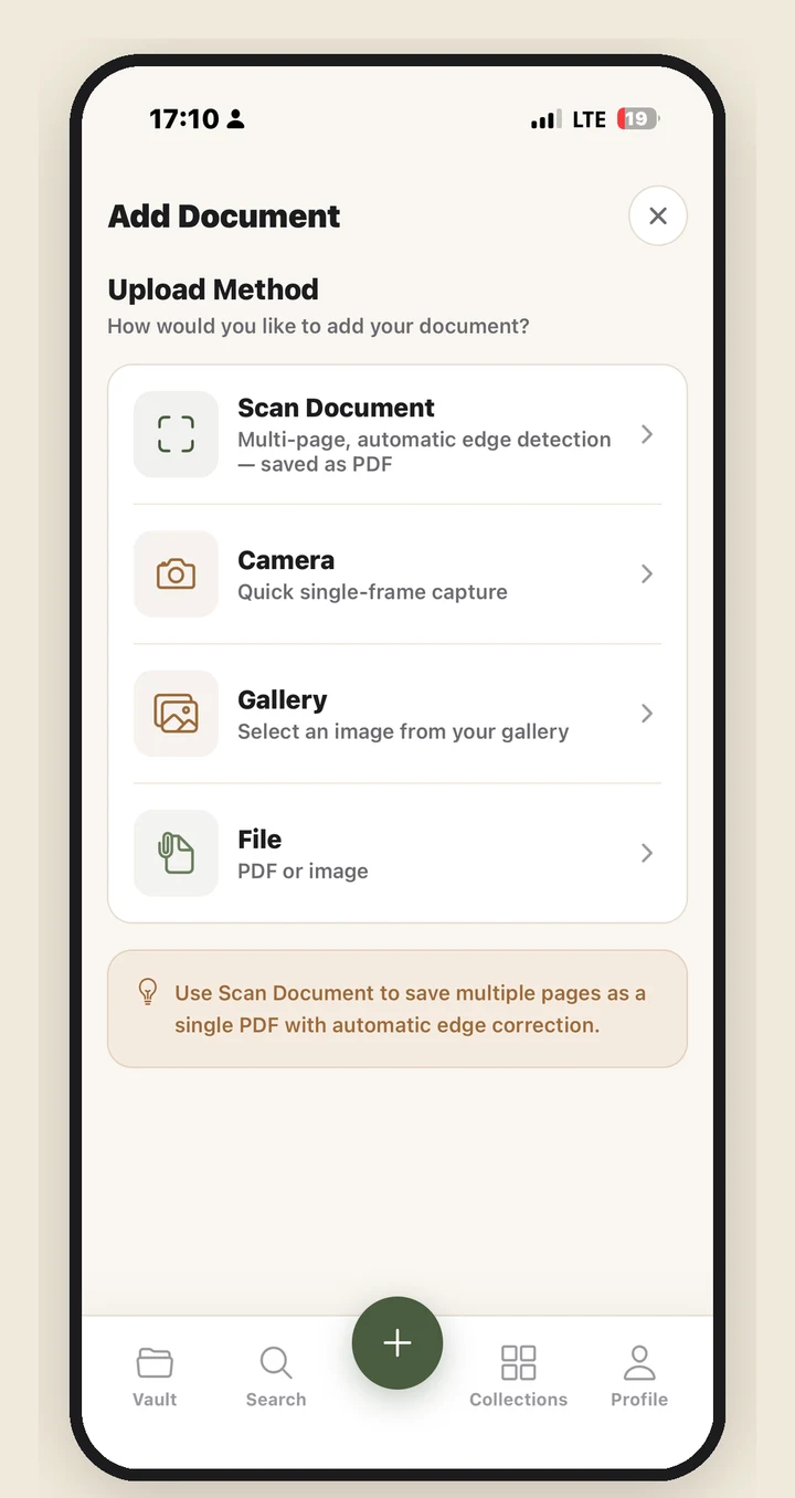 Document scan and upload screen